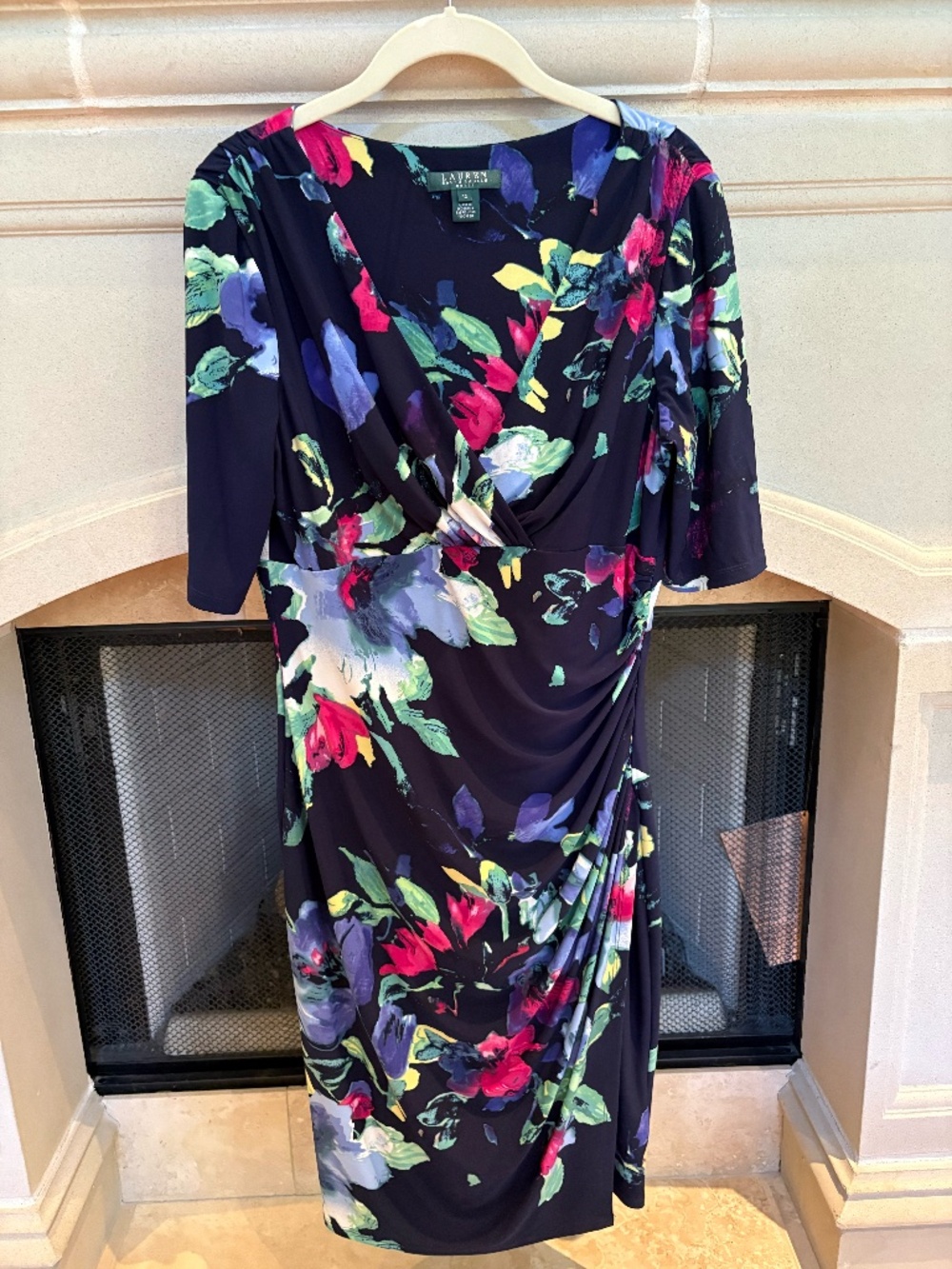 Lauren Ralph Lauren Navy Floral Faux-Wrap Jersey Dress — Size 12